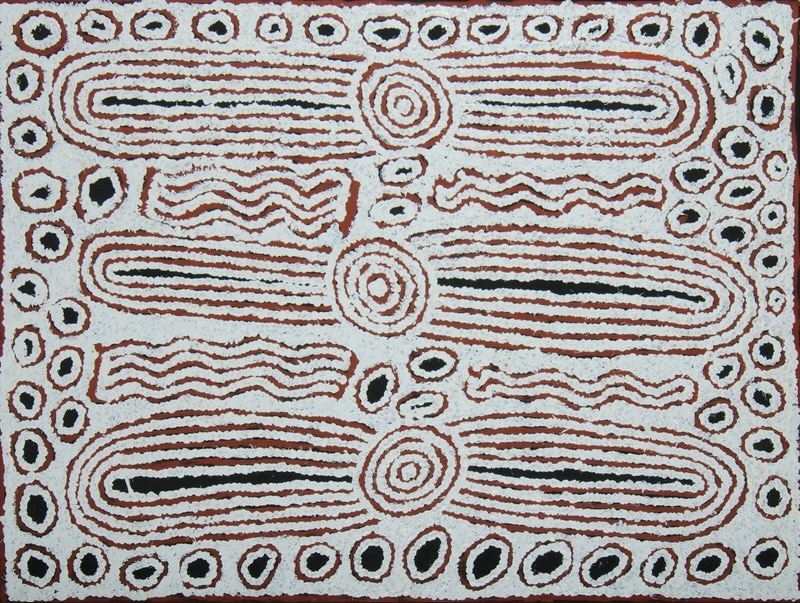 Ningura Napurrula Wirrulnga Rockhole, 2007, with three concentric roundels joining elongated linear forms surrounded by smaller oval motifs.