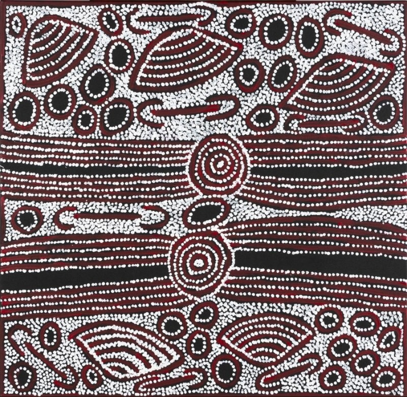 Ningura Napurrula Women’s Ceremony, 2013, with concentric circles, long parallel bands and smaller oval and curved forms in red, black and white.
