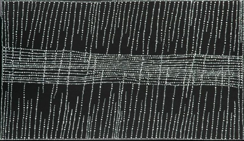 Abstract painting of tiny white dots on a black background. A broad horizontal band of closely spaced dots crosses the centre, while long vertical dotted lines extend above and below, creating a calm, rhythmic composition.