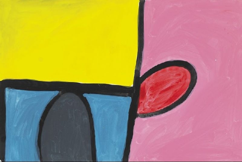 Abstract gouache painting by Paddy Bedford with bright yellow, pink and blue colour fields separated by bold black lines and a red oval motif.