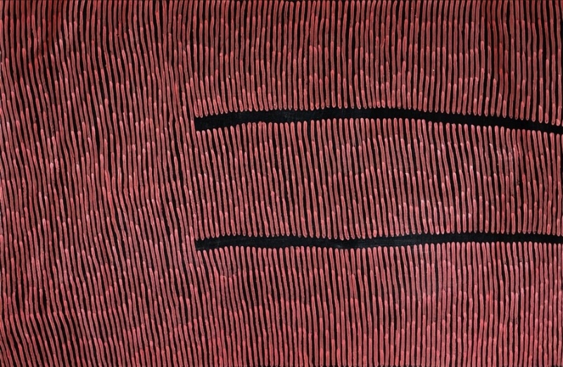Ronnie Tjampitjinpa Fire Dreaming 2007 painting, with dense vertical red lines interrupted by two long horizontal black bands across a black ground.