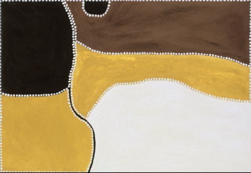 Freddie Timms Ngarrukurruny – Horse Shoe Creek Country, 1995, ochre painting with black, brown, yellow and white fields outlined by rows of white dots