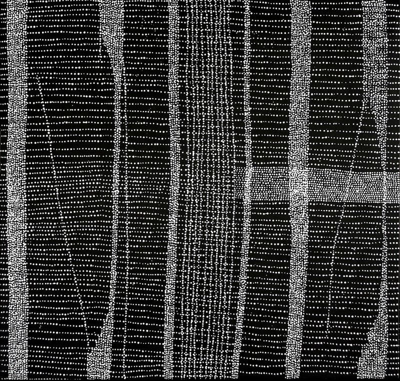 Abstract painting on a black background with thousands of tiny white dots arranged in bold vertical bands. Dense columns of closely packed dots alternate with finer parallel lines, while a single horizontal band crosses the composition, creating the impression of salt plains, ceremonial pathways and intersecting tracks viewed from above.