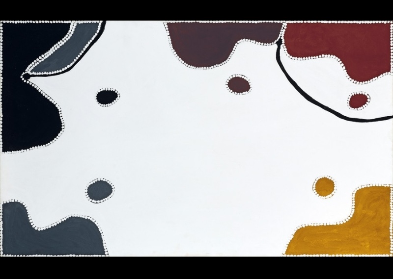 Freddie Timms Bamboo Springs, 2005 – East Kimberley landscape painting with waterholes, creek lines and areas of black, white, red and yellow Country<br />
