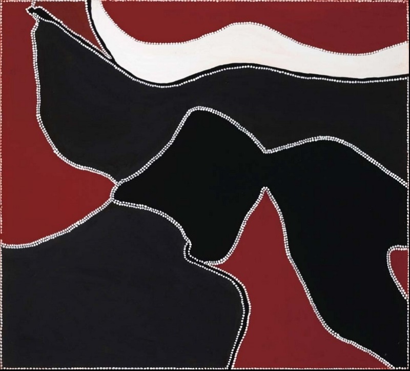 Freddie Timms Devil Devil Spring 1999, Aboriginal ochre painting with large black, red and white shapes outlined by white dots