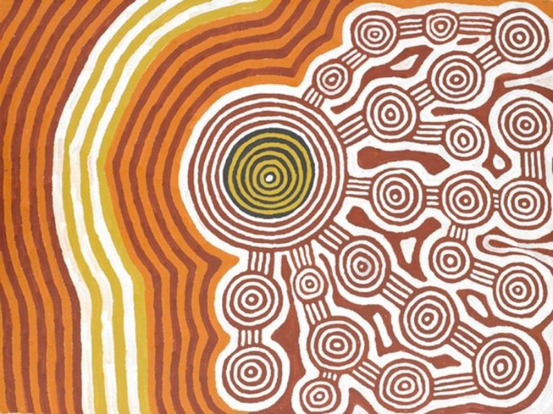 Ronnie Tjampitjinpa’s Tingari Cycle (1996), featuring a dense network of white concentric circles and connecting lines beside a large central roundel and sweeping bands of orange, brown, yellow and white.