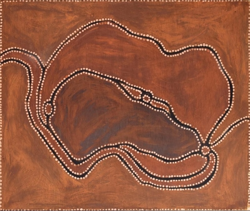 Warmun – Map of Turkey Creek Community, c.1983 by Rover Thomas, natural earth pigments on veneer