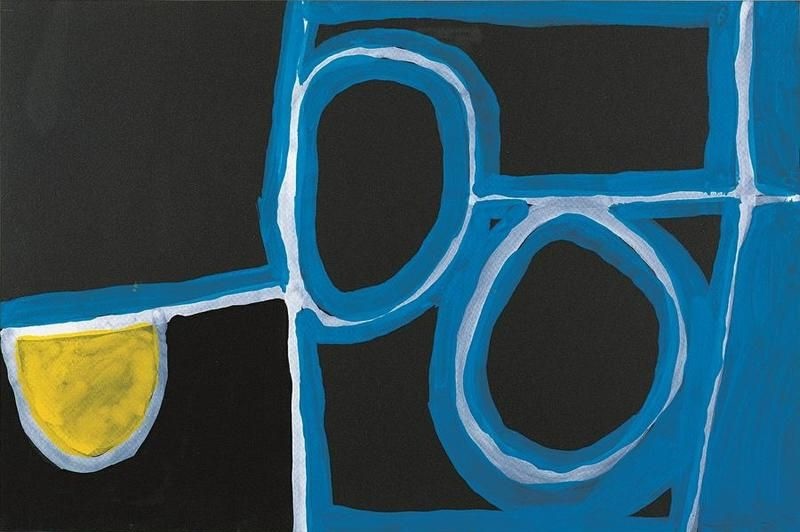Abstract gouache painting by Paddy Bedford featuring black geometric forms outlined in blue and white with a single yellow shape on a vivid blue background.