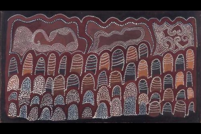 Jack Britten Purnululu Country 1989 earth pigment painting depicting the striped domes of the Bungle Bungles