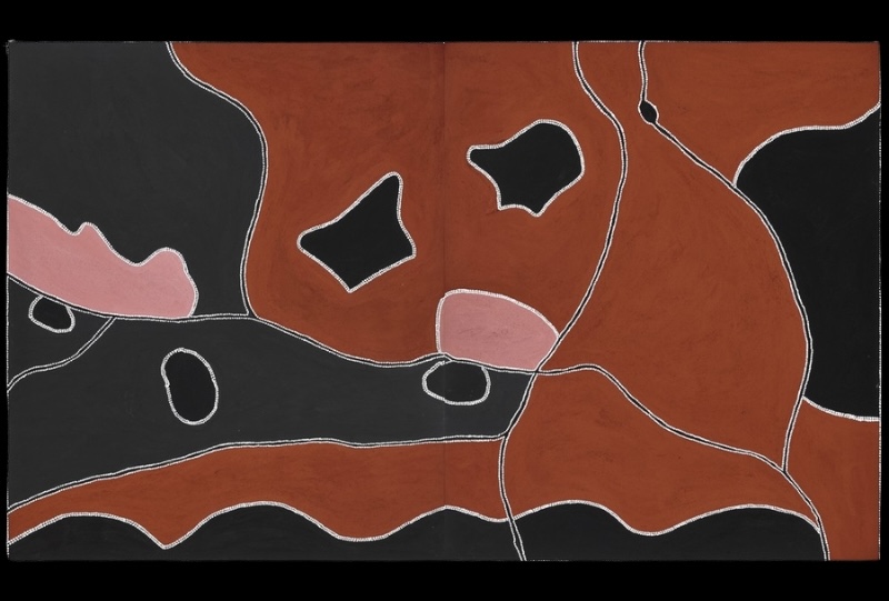 Freddie Timms Jack Yard, 2005 – monumental East Kimberley Aboriginal landscape painting in red-brown, black and pink ochres with white dotted boundaries, waterholes and tracks