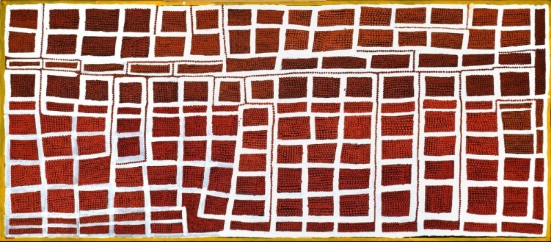 Boxer Milner’s Purkitji (2006), a long horizontal painting of densely dotted red-brown rectangular fields divided by an irregular network of thick white lines.
