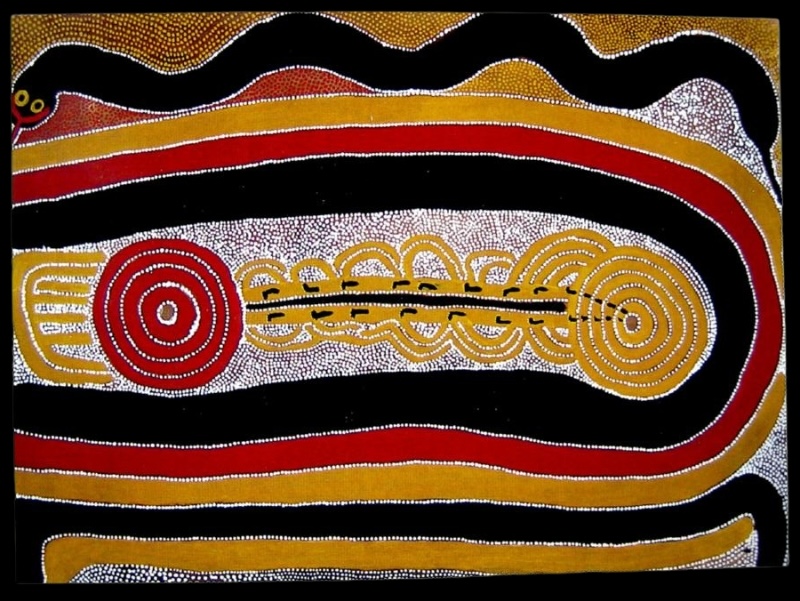 Sunfly Tjampitjin's Two Women at Yataru, with two concentric circular forms joined by a long central motif and surrounded by sweeping bands of black, red and ochre with white dotting
