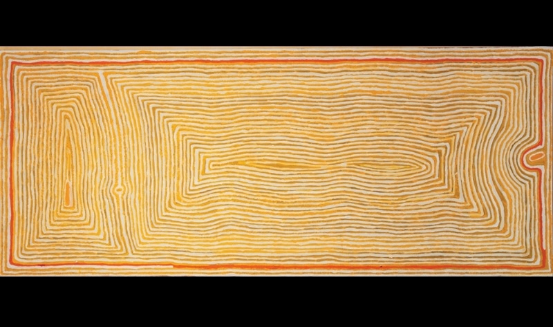 Tjumpo Tjapanangka Wati Kutjarra 2006 painting, with closely spaced yellow and white parallel lines forming elongated geometric shapes outlined in red.