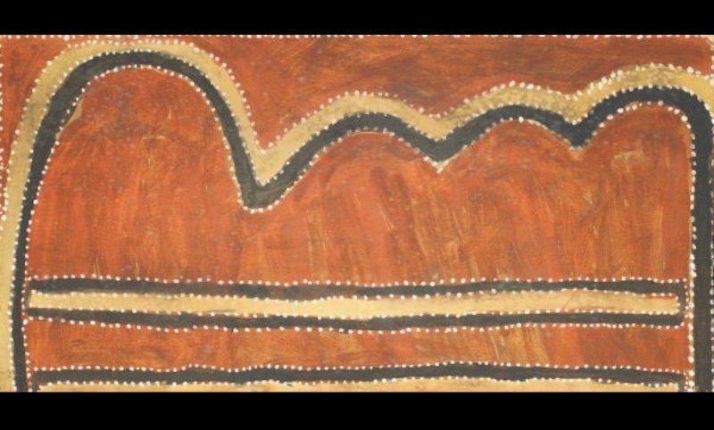 Kimberley Ranges with White Fella’s Road by Paddy Jaminji, 1987, depicting Kimberley hills crossed by a bitumen road.