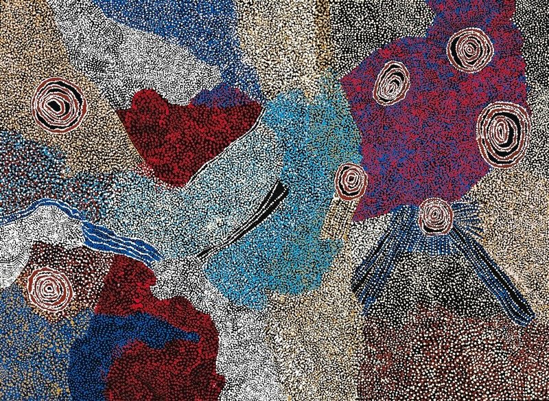 Rockholes Near the Olgas and Country 2006 by Bill Whiskey Tjapaltjarri, depicting rockholes and White Cockatoo ancestral Country near Kata Tjuta.