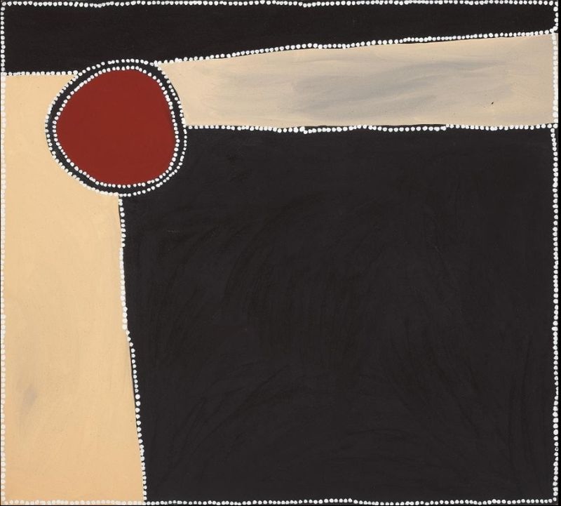 Abstract Aboriginal painting with a large black rectangular form occupying most of the lower and right side of the composition. A pale cream band runs horizontally across the upper section, while a vertical cream strip descends along the left edge. A single deep red circle outlined in black and white sits near the upper left corner where the two cream bands meet. Fine white dots outline all major shapes and the outer border, creating strong contrast between the black, cream and red colours.
