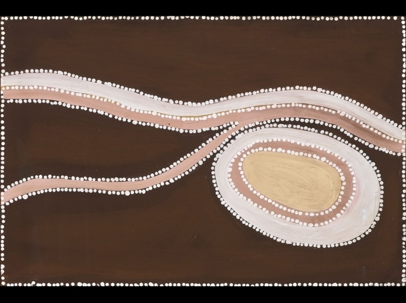 Rover Thomas painting with a pale oval claypan surrounded by concentric white and pink bands, beside two winding paths across a dark brown ground.