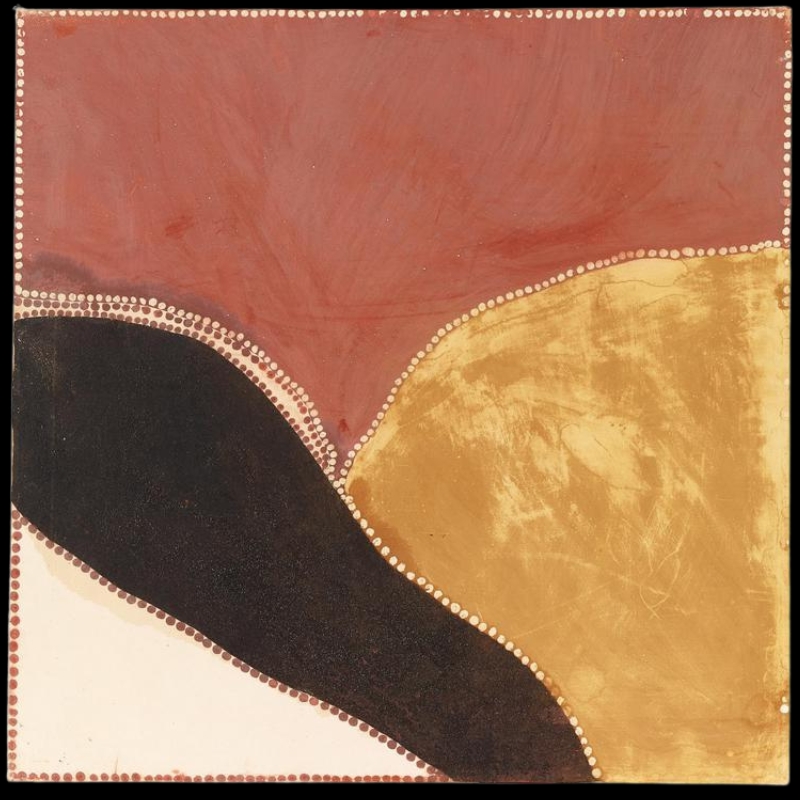 Freddie Timms Untitled, 1989, ochre painting with broad red, black, yellow and white fields outlined by rows of white and red dots
