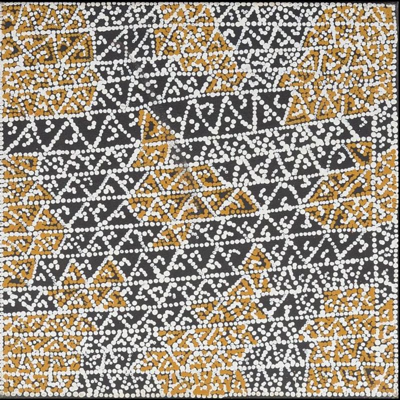 Dorothy Napangardi Women's Dreaming 1998 acrylic on linen featuring an early geometric network of white dotted lines with ochre triangular motifs on a black ground.