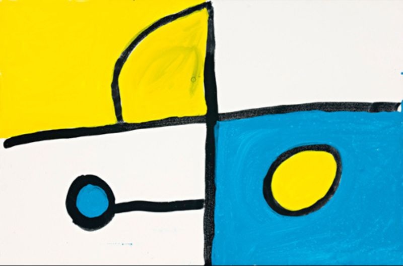 Abstract gouache painting by Paddy Bedford featuring bold yellow, blue, black and white geometric forms representing Kimberley Country in a highly simplified contemporary style.