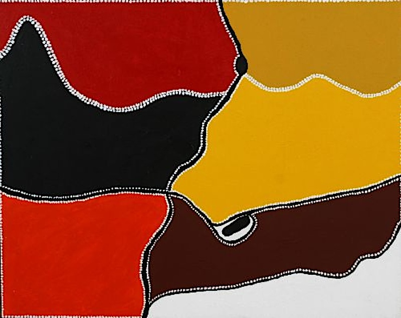 Freddie Timms Black Creek, 1996, painting with bold black, red, yellow, brown and white fields outlined by rows of white dots