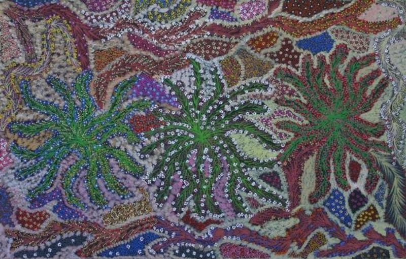 Dorothy Napangardi Bush Banana 1995 acrylic on canvas depicting three green bush banana plants against a richly coloured Western Desert landscape.