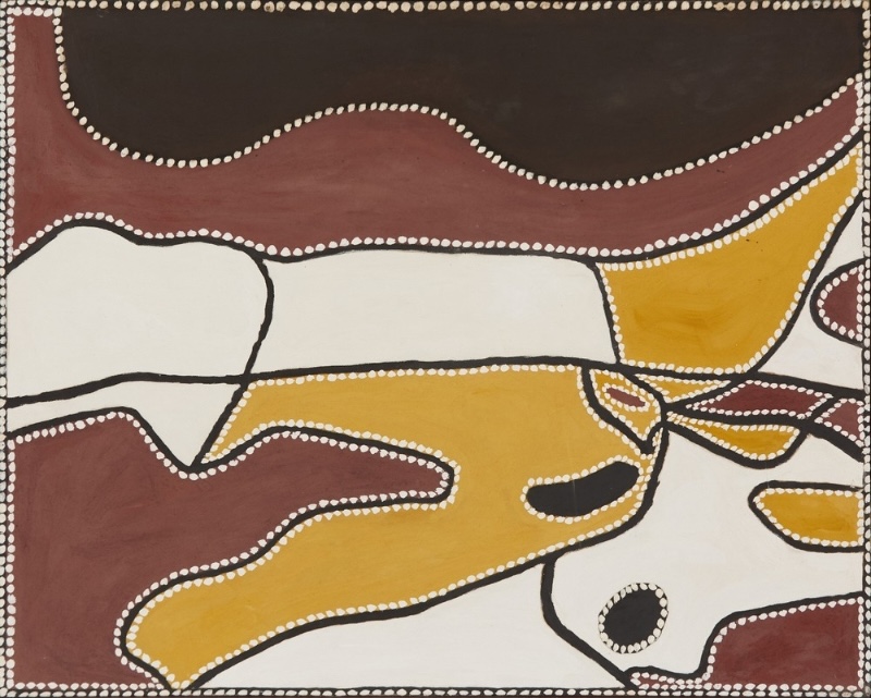 Freddie Timms Daloobany Country (Rocky Creek), 1992, ochre painting with black, red-brown, yellow and white fields, tracks and dotted boundaries