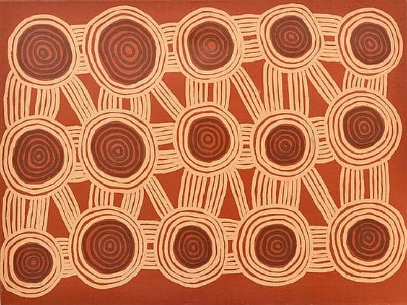 Ronnie Tjampitjinpa Tingari 2006 painting, with fifteen concentric circular motifs connected by cream parallel lines across a red ochre ground.