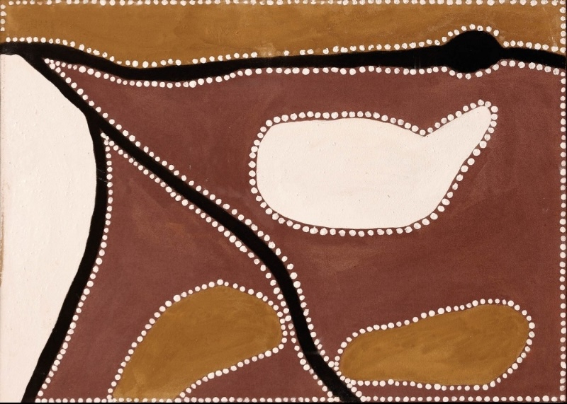 Freddie Timms Untitled (Texas Creek Station), 1990, ochre painting with red-brown, white and golden fields crossed by black lines and outlined with white dots