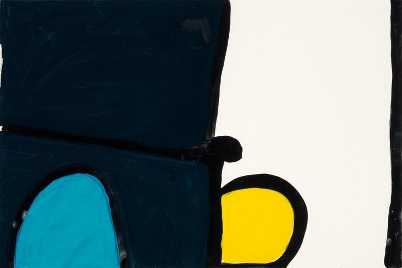 Abstract gouache painting by Paddy Bedford with black geometric forms, turquoise and yellow shapes, and bold black outlines on a white background.