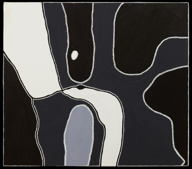 Freddie Timms Frog Hollow, 2007 – aerial East Kimberley landscape in black, grey and white ochres with tracks and waterholes