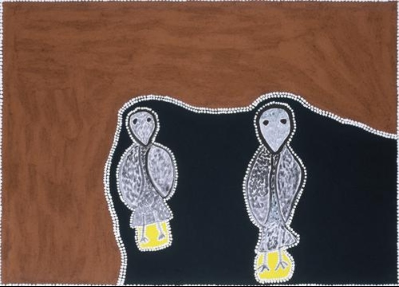 Freddie Timms Owl Dreaming 1998, Aboriginal ochre painting of two owls against large brown and black fields