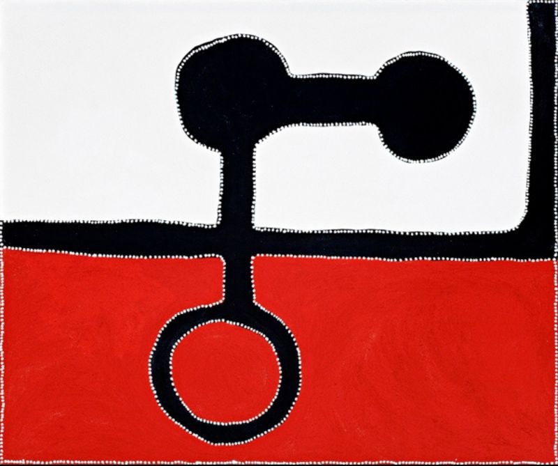 Abstract Aboriginal painting divided into a white upper half and a vivid red lower half by a thick black horizontal band. From the centre, a black vertical line rises to two connected black circles near the top and descends to a large black ring enclosing a red circle below. A black vertical border runs down the right edge. Every black shape is outlined with fine white dots, creating strong contrast against the white and red background