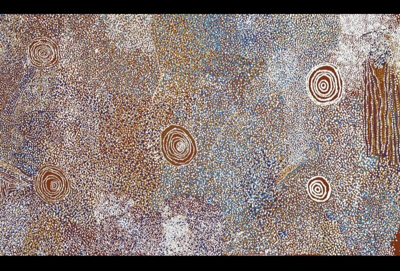 Rockholes and Country Near the Olgas 2006 by Bill Whiskey Tjapaltjarri, depicting rockholes and White Cockatoo ancestral Country near Kata Tjuta.