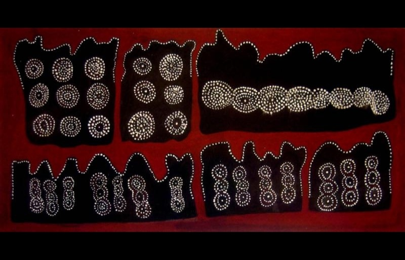 Jack Britten Jarlinji Plains Kangaroo 1990 earth pigment painting of Garndi Country and the ancestral kangaroo journey