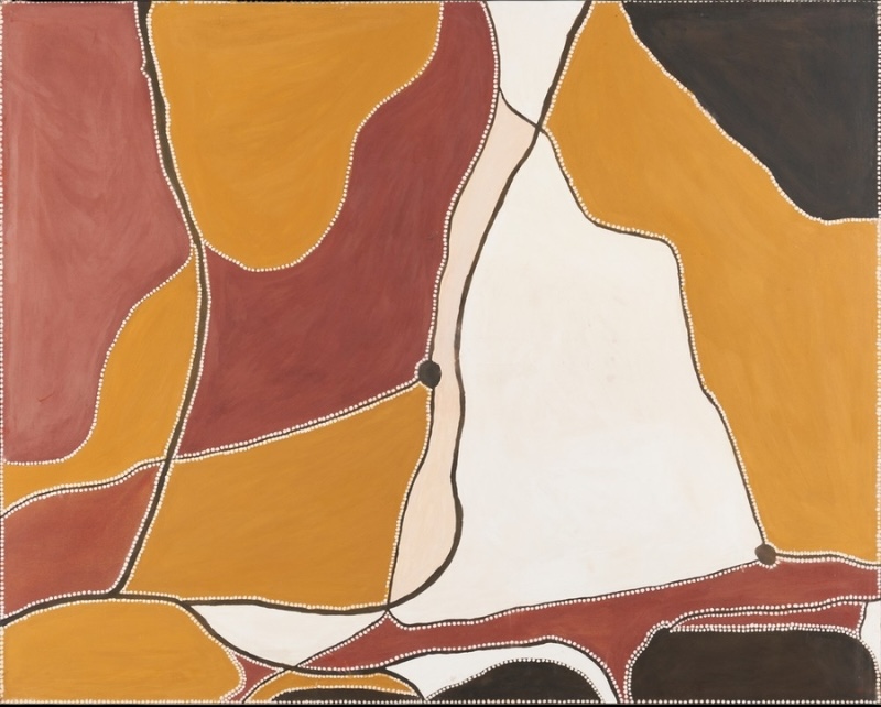 Freddie Timms Untitled, 1990, large ochre painting with yellow, red, white and black fields divided by fine dotted boundaries and dark linear forms