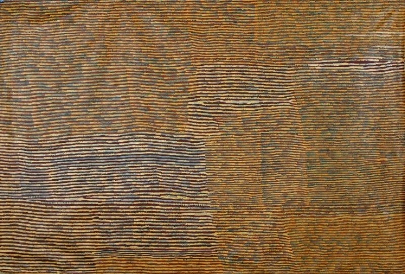 Turkey Tolson Tjupurrula Spear Straightening, 1995. Aboriginal painting composed of dense horizontal ochre, brown and cream lines with subtle lighter rectangular passages emerging across the surface.