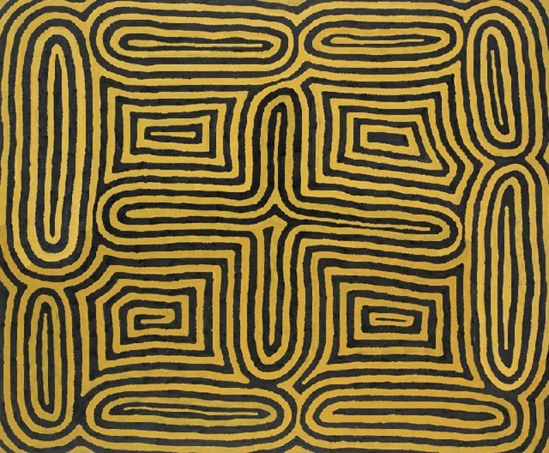 Ronnie Tjampitjinpa’s Wild Potato Dreaming at Muyinga, West of Kintore (1990), formed from interlocking black and ochre lines creating rectangular spirals and elongated oval motifs across the canvas.