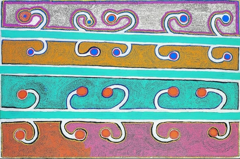 Boxer Milner’s Oolaign (2000), with four horizontal bands of dense dotting and repeated curling forms in turquoise, white, ochre, pink, orange, blue and purple.