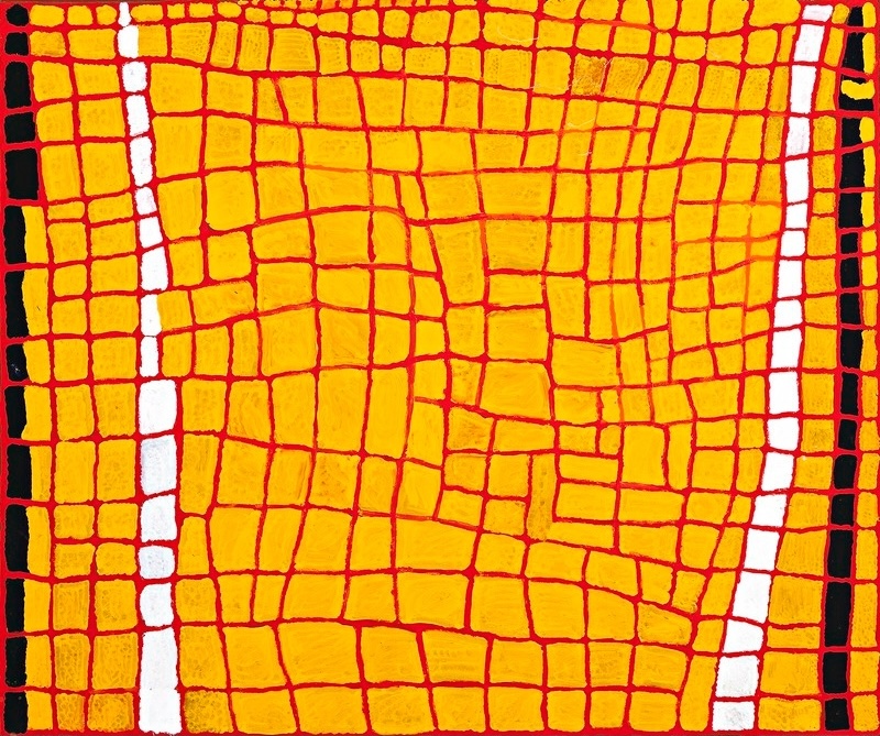 Tjumpo Tjapanangka Marruwa 2006 painting, composed of irregular yellow rectangular fields divided by red lines, with vertical bands of white and black near the sides.