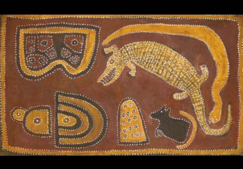 Untitled (Dreamings on Bedford Downs) by Paddy Jaminji, 1985, an ochre painting depicting ancestral beings and sites associated with Bedford Downs Country.