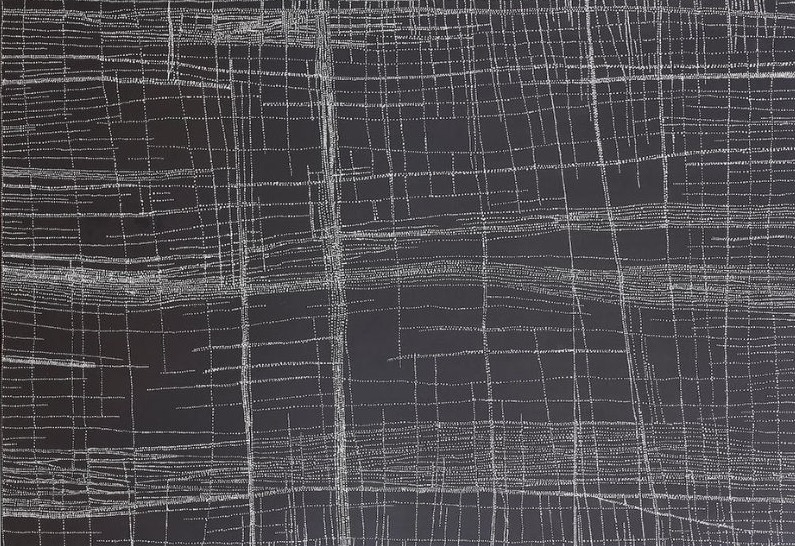 Abstract painting of tiny white dots on a black background. Fine dotted lines form intersecting horizontal and vertical bands with two broad horizontal strips across the composition, creating a shimmering woven pattern.