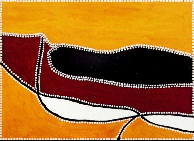 Freddie Timms Untitled, c. 1994, ochre painting with golden yellow, black, deep red and white fields defined by rows of white dots