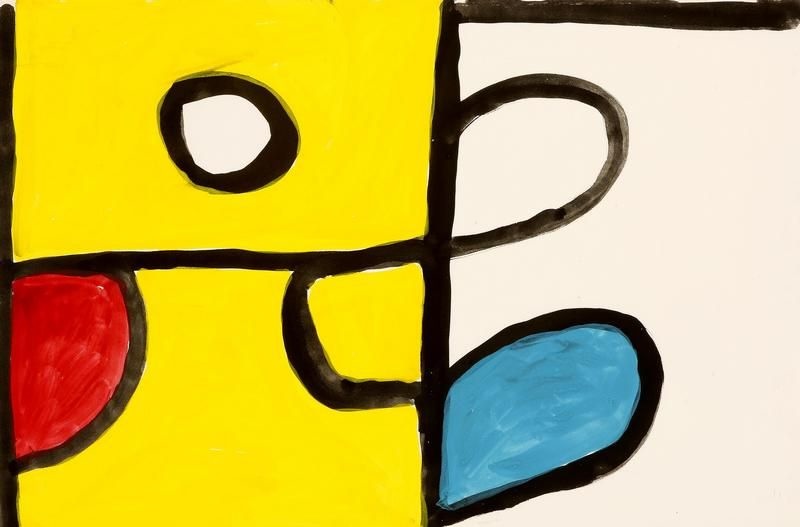 Abstract gouache painting by Paddy Bedford with black linear forms enclosing white, yellow, blue and red shapes in a bold geometric composition.