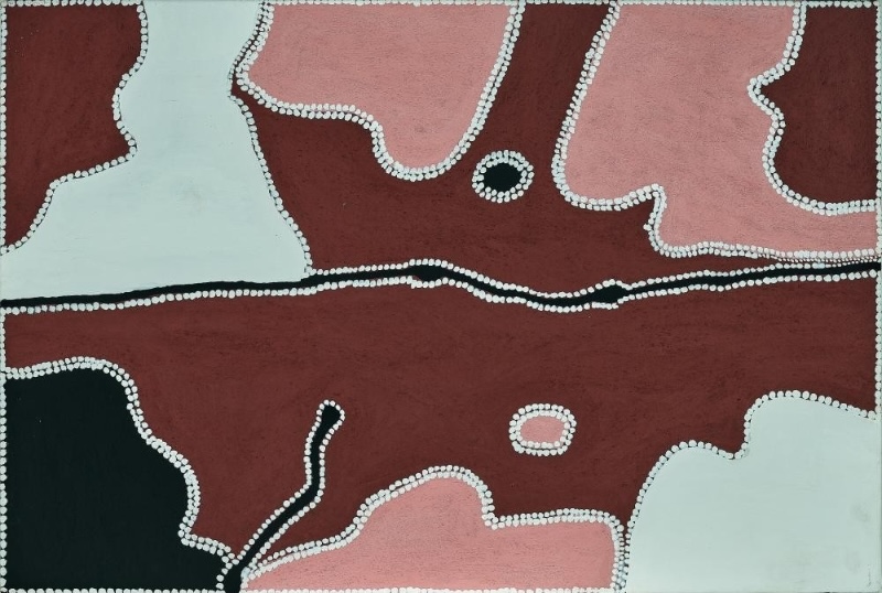Freddie Timms Horse Creek, 2006 – East Kimberley landscape painting in red, pink, black and white ochres with creek lines and waterholes