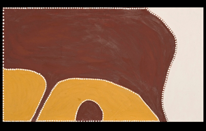Freddie Timms Untitled, 1991, ochre painting with broad red-brown, yellow and white fields outlined by rows of white dots