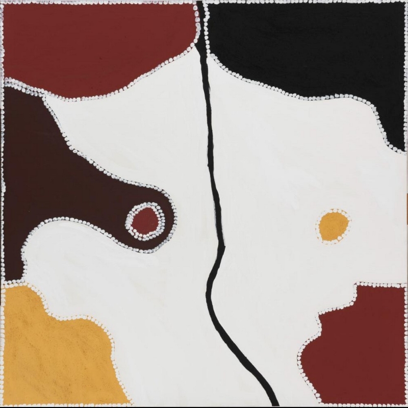 Freddie Timms Old Greenvale, 1997, painting with white, black, red-brown and yellow ochre fields divided by white dotted boundaries and a central black line