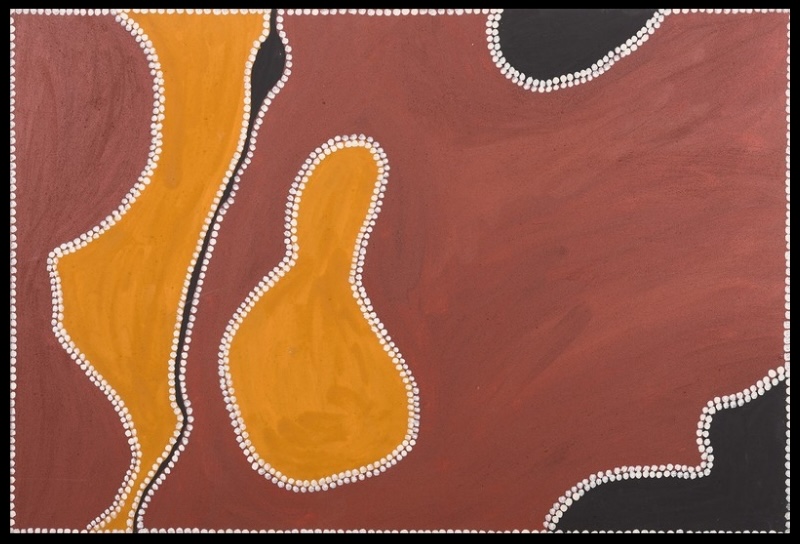 Freddie Timms Clifton’s Hole, 1996, ochre painting with red-brown ground, golden yellow and black forms outlined by rows of white dots