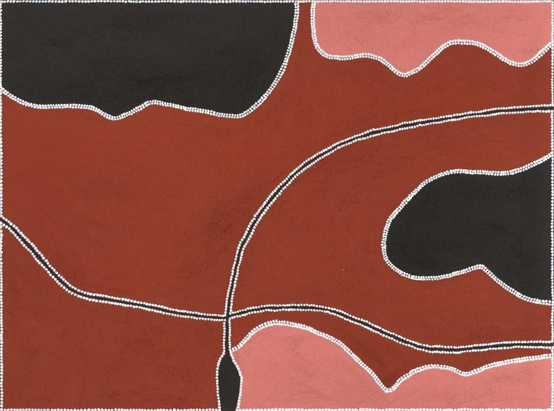 Freddie Timms Sally Malay Spring, 2004 – East Kimberley Aboriginal landscape painting in red-brown, black and pink ochres with curving white dotted tracks and boundaries