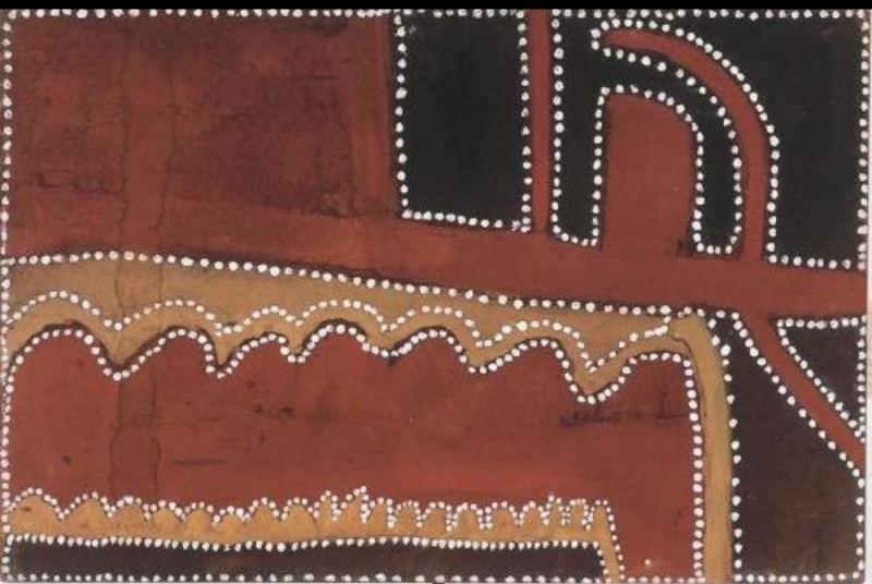 Illambul Country by Paddy Jaminji, 1987, an ochre painting of East Kimberley Country in red, black and yellow earth pigments with white dotted outlines.